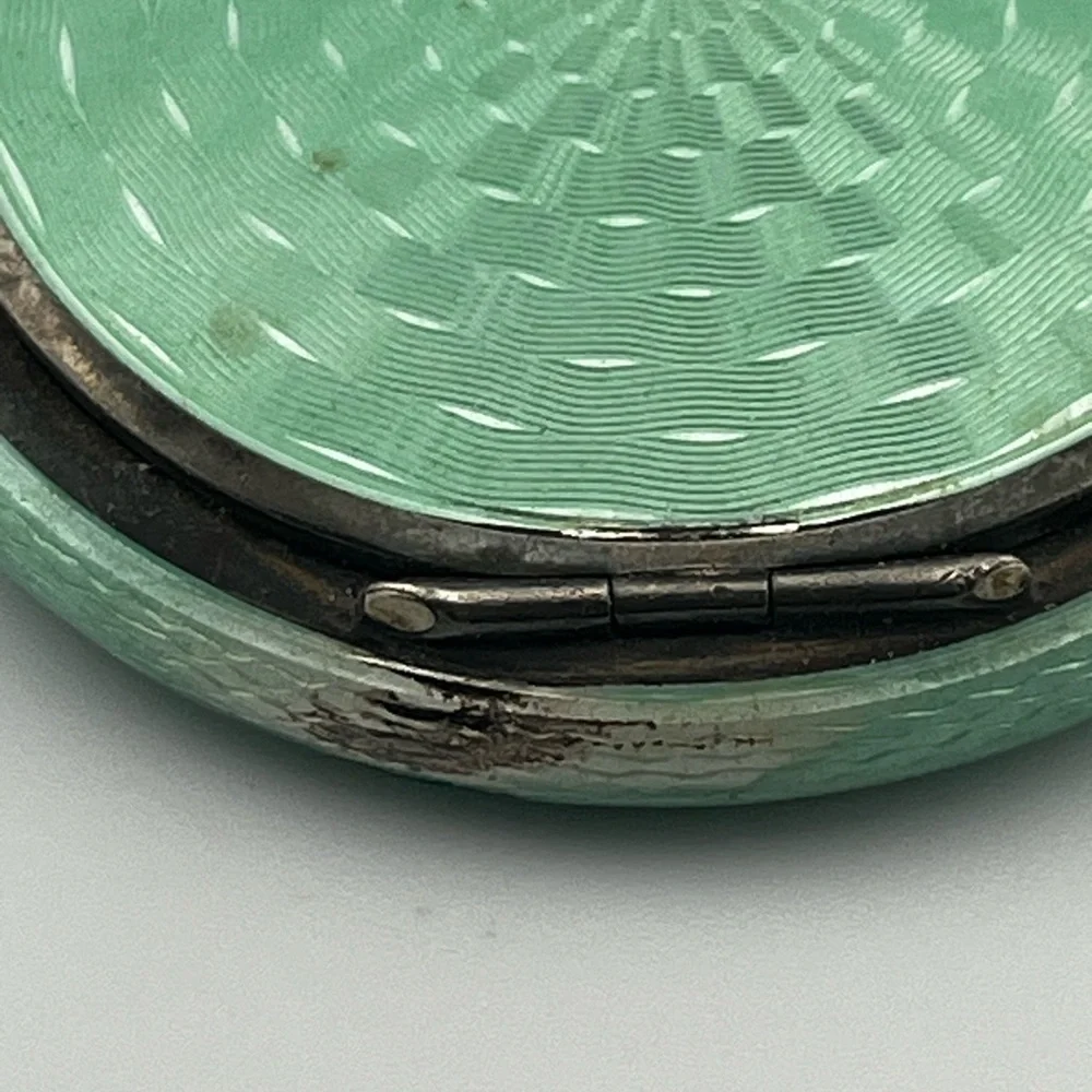 Vintage German Sterling Silver Guilloche Enamel Powder Compact Green Mirror